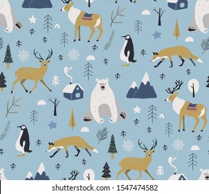 Merry Christmas winter pattern. Seamless pattern with winter animals, reindeer, bear, deer, penguin. Vector hand drawn scandinavian animals in the forest.