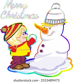 Merry Christmas, with winter postcard and symbols