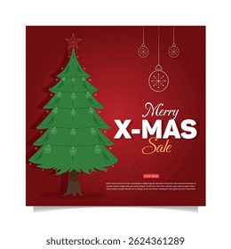 Merry Christmas winter sale, discount social media post template design, with vector pine tree, Christmas ball decoration, xmas square discount poster design.