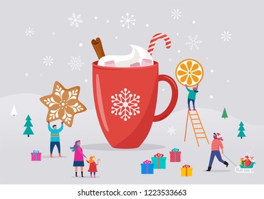 Merry Christmas, winter scene with a big cocoa mug and small people, young men and women, families having fun in snow, skiing, snowboarding, sledding, ice skating