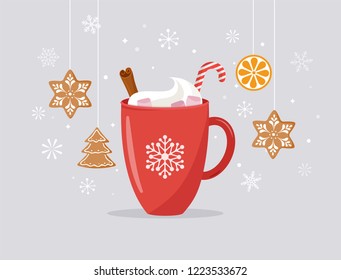 Merry Christmas, winter scene with a big cocoa mug and homemade gingerbread, vector concept illustration