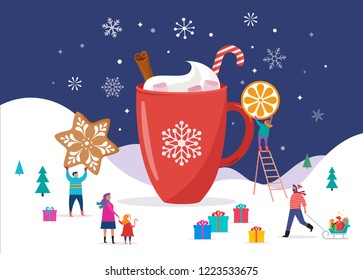 Merry Christmas, winter scene with a big cocoa mug and small people, young men and women, families having fun in snow, skiing, snowboarding, sledding, ice skating