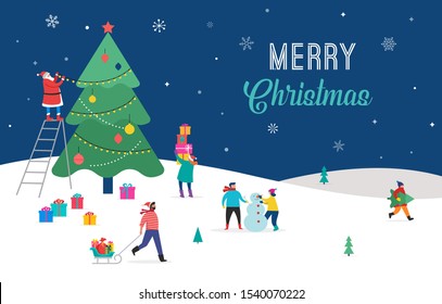 Merry Christmas, winter scene with a big Xmas tree and small people, young men and women, families having fun in snow