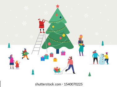 Merry Christmas, winter scene with a big Xmas tree and small people, young men and women, families having fun in snow