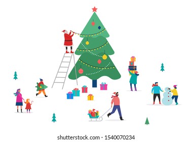 Merry Christmas, winter scene with a big Xmas tree and small people, young men and women, families having fun in snow