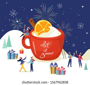 Merry Christmas. Winter scene with a large mug of cocoa and tiny people, men and women having fun in the snow and celebrating the winter holidays. Friendly business team at a corporate party.