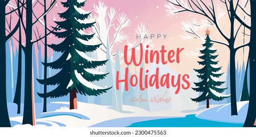 Merry Christmas, winter scenery, flat colors typography banner. Winter holidays background. Vector illustration for social, banner, invitation or card