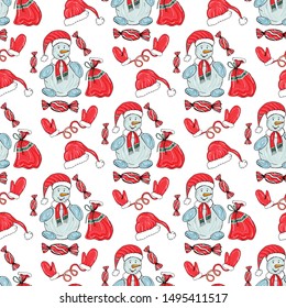 Merry Christmas winter seamless pattern with snowman, Christmas hats and mittens. Vector design for packaging of gifts, fabric, print.