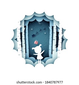 Merry Christmas and winter season background.The girl and her gift from Santa Claus in sleigh.Paper art vector illustration.