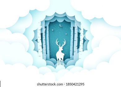 Merry Christmas and winter season background.Deer in pine forest with cloud.Paper art vector illustration.