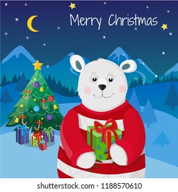 Merry Christmas. Winter season. Card with a cute bear. Bear, Christmas tree, moon, night, gifts. Vector illustration