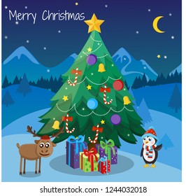 Merry Christmas. Winter season. Card with cute elk and penguin. Vector illustration.
