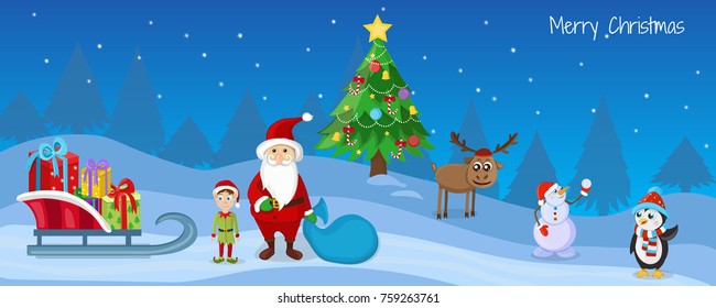 Merry Christmas. Winter season. Card with cute Santa Claus and animals. Vector illustration.