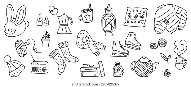 Merry Christmas and winter season doodle vector. Set of rabbit, cozy sweater, pillow, tea cup, books, socks, scarf, hat, candles, lantern. Winter festival and holiday collection for kids, decorative.