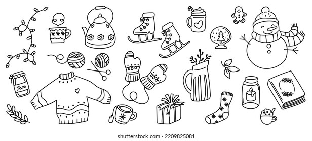 Merry Christmas and winter season doodle vector. Set of snowman, cozy sweater, book, gift, gloves, thread ball, ice skate, tea cup. Winter festival and holiday collection for kids, decorative.