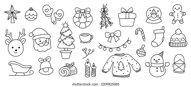 Merry Christmas and winter season doodle vector. Set of snowman, sweater, gingerbread, santa, log cake , gloves, sock, gift, reindeer. Winter festival and holiday collection for kids, decorative.