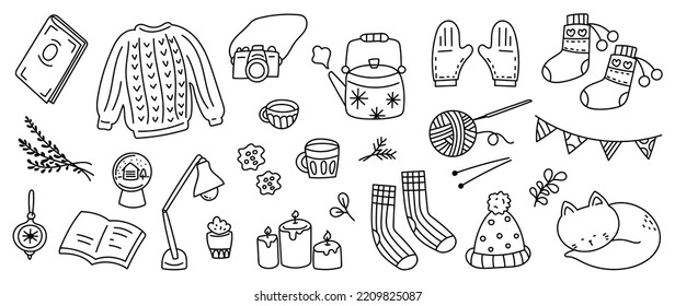 Merry Christmas and winter season doodle vector. Set of cat, cozy sweater, cup, candle, books, socks, knitted hat, camera, gloves. Winter festival and holiday collection for kids, decorative.