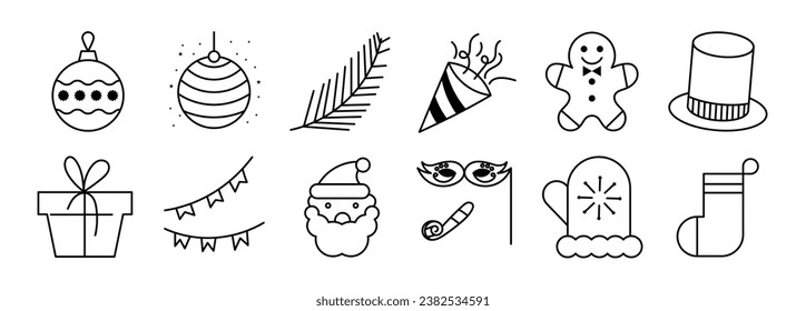 Merry Christmas and winter season doodle icon vector. Set of bauble ball, santa, gingerbread, glass, glove, mask, pine leaves, gift. Winter festival and holiday collection for kids, decorative.