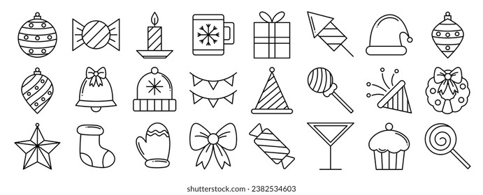 Merry Christmas and winter season doodle icon vector. Set of bauble ball, candy, candle, glass, wreath, hat, flag, sock, glove, cupcake. Winter festival and holiday collection for kids, decorative.