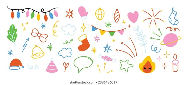 Merry Christmas and winter season doodle element vector. Set of bauble ball, ribbon, sock, arrow, flag, saturn, candle, foliage, speech bubble. Happy holiday collection for kids, decorative.