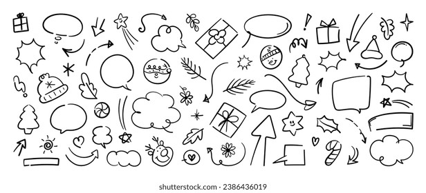 Merry Christmas and winter season doodle element vector. Set of reindeer, speech bubble, arrow, hat, tree, foliage, star, gift, flower. Happy holiday collection for kids, decorative.