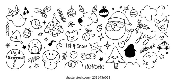 Merry Christmas and winter season doodle element vector. Set of bauble ball, snowman, reindeer, santa, tree, bear, bird, penguin, car, leaf, holly. Happy holiday collection for kids, decorative.