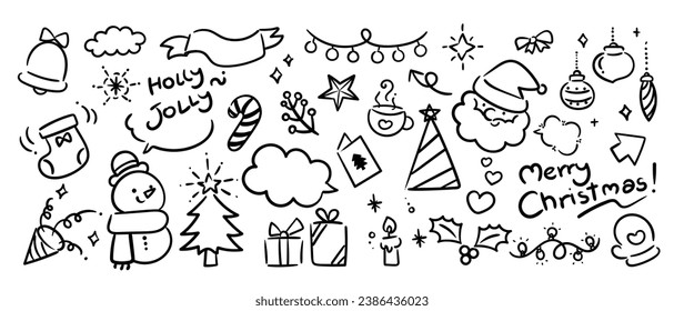 Merry Christmas and winter season doodle element vector. Set of bauble ball, santa, snowman, bell, tree, candle, holly, gift, cup, sock, candy cane. Happy holiday collection for kids, decorative.