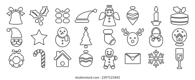 Merry Christmas and winter season doodle icon vector. Set of bauble ball, candy, candle, glass, wreath, hat, sock, glove, cupcake, santa. Winter festival and holiday collection for kids, decorative