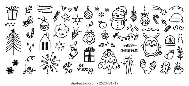 Merry Christmas and winter season doodle element vector. Set of bauble ball, santa, snowman, penguin, tree, candle, holly, gift, cup, sock, candy cane. Happy holiday collection for kids, decorative.