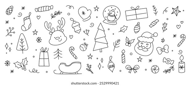 Feliz Natal e inverno temporada doodle vetor. Conjunto de boneco de neve, suéter, pão de gengibre, Papai Noel, bolo, luvas, meia, presente, rena. Festival de inverno e coleção de férias para crianças, decorativo.