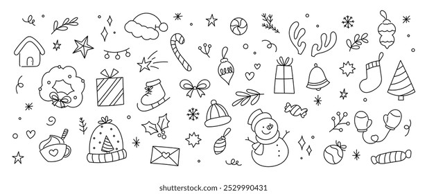 Merry Christmas and winter season doodle vector. Set of snowman, sweater, gingerbread, santa, cake, gloves, sock, gift, reindeer. Winter festival and holiday collection for kids, decorative.