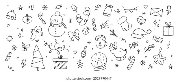 Merry Christmas and winter season doodle vector. Set of snowman, sweater, gingerbread, santa, cake, gloves, sock, gift, reindeer. Winter festival and holiday collection for kids, decorative.