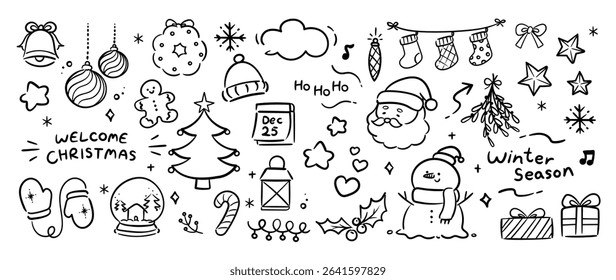 Merry Christmas and winter season doodle element vector. Set of bauble ball, santa, snowman, bell, tree, holly, gift, sock, candy cane, snowglobe. Happy holiday collection for kids, decorative.