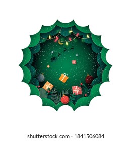 Merry Christmas and winter season in green background decorated with gift box and santa Claus in sleigh.Paper art vector illustration.