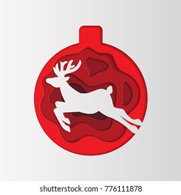 Merry Christmas and winter season greeting card. 3D abstract reindeer and christmas decoration paper cut shapes. Vector illustration.