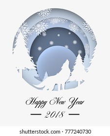 Merry Christmas and winter season greeting card. Wolf in forest with full moon and winter background. Paper art style. Vector illustration.