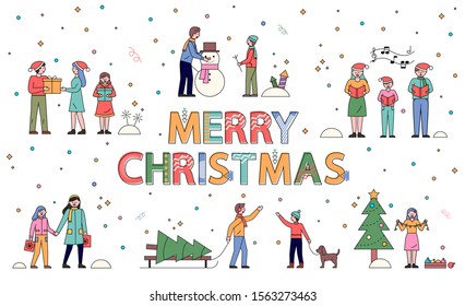 Merry christmas winter season holiday preparation and celebration vector. People with pine tree, woman decorating fir, family singing carols with notes. Dad and son sculpting snowman flat style