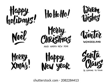Merry Christmas and winter season holiday wishes. Hand drawn text. Black vector typography isolated on white. Celebration design for New year greeting cards, gift tags, photo overlays. 