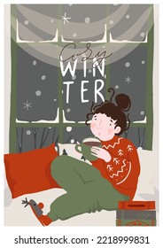 Merry Christmas and winter season holidays greeting card, poster vector illustration. Cute girl spending time alone at home, cozy evening. Near window, snow. a4 vertical format. Flat cartoon style