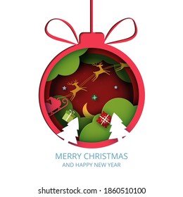 Merry Christmas and winter season on red background.Red christmas ball decorated with gift box and santa claus in sleigh.Paper art vector illustration.