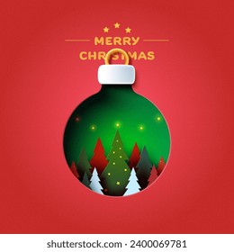 Merry Christmas and winter season on red background.Green christmas decorated with gift box and santa Claus in sleigh.Paper art vector illustration.