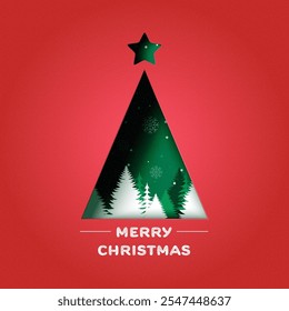 Merry Christmas and winter season on red background. Green christmas Tree decorated .Vector illustration in paper art craft 