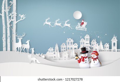 
Merry Christmas and winter season,with santa claus and snow man. Paper art and craft style.