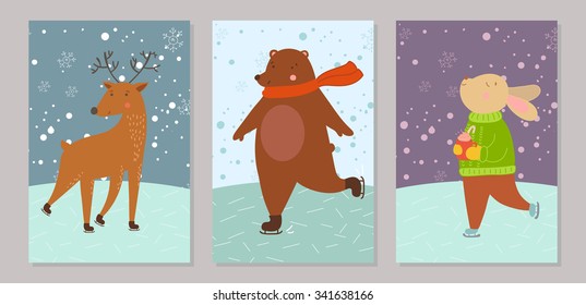 Merry christmas and winter set card. Rabbit skates with a mug of cocoa in hand. The bear and reindeer rides ice skating