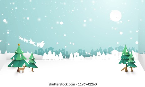 Merry christmas. Winter Snow  countryside landscape. Paper and craft art