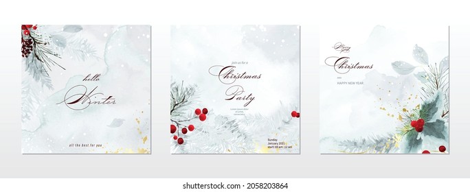 Merry Christmas and winter square cards watercolor collection. Berry and pine branches on snow falling with hand-painted watercolor. Suitable for cards design, New year invitations.