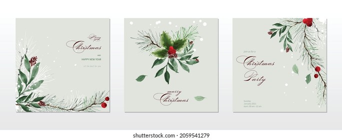 Merry Christmas and winter square cards watercolor collection. Bouquet of holly berry and pine branches on snow falling hand-painted watercolor. Suitable for cards design, New year invitations.