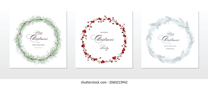 Merry Christmas and winter square cards watercolor collection. Bouquet of holly berry and pine branches wreath hand-painted watercolor. Suitable for cards design, New year invitations.