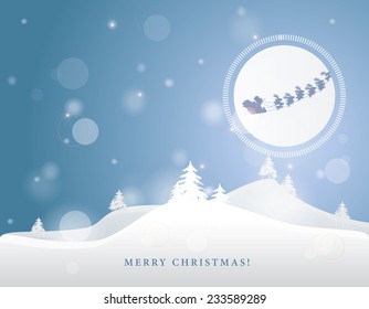 merry christmas winter time landscape with snow and santa on the moonlight with reindeer sleigh