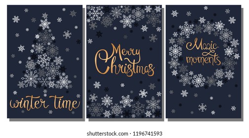 Merry Christmas, Winter time, Magic moments. Set of three cards. Hand drawn lettering with snowflakes. Winter design is perfect for prints, flyers, banners, invitations and promotions.